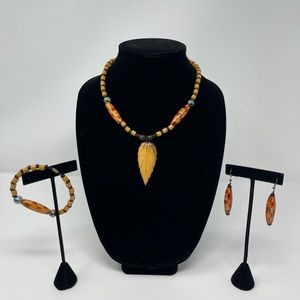 Boho hand painted beaded necklace, earrings, bracelet. 3 piece set.